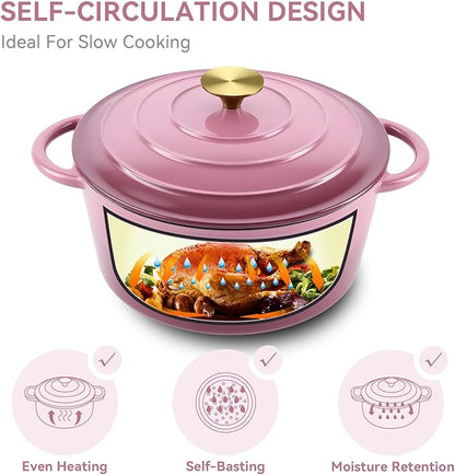 Miereirl 4.5 Quart Enameled Dutch Oven Pot with Lid, Cast Iron Dutch Oven with Dual Handles for Bread Baking, Cooking, Non-stick Enamel Coated Cookware, Rose - Image 7