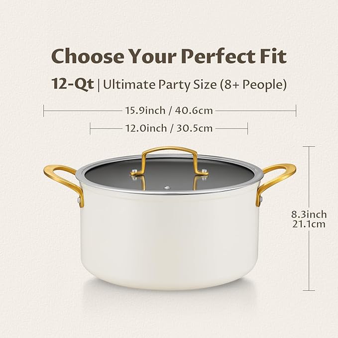 BEZIA Non Stick Stock Pot With Lid, 12 Quart Large Stockpot for Catering for Groups and Events, Induction Cooking Pot for All Stoves, Sturdy & Double Handle, Ideal for Soups & Stews, Cream - Image 2