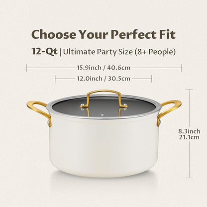 BEZIA Non Stick Stock Pot With Lid, 12 Quart Large Stockpot for Catering for Groups and Events, Induction Cooking Pot for All Stoves, Sturdy & Double Handle, Ideal for Soups & Stews, Cream - Image 2
