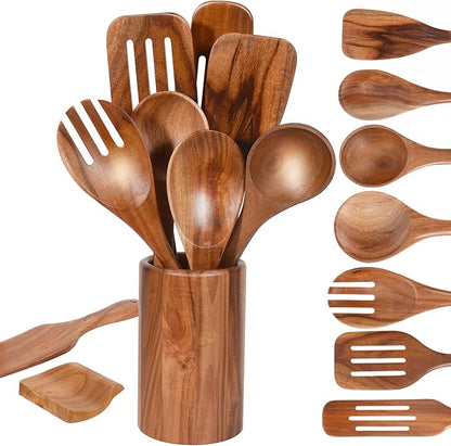 MYRAINBOW Wooden Spoons for Cooking, 10-Piece Teak Wooden Cooking Utensil Set with Holder, Nonstick, Heat Resistant Kitchen Utensils, Durable Wooden Cooking Spoons, Kitchen Cooking Gifts for Women Men by Myrainbow