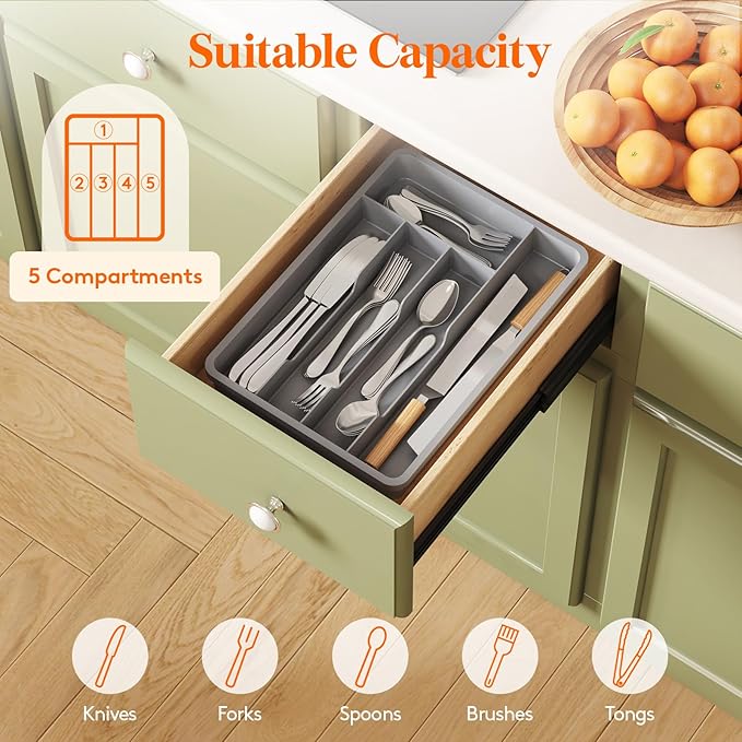 Lifewit Silverware Drawer Organizer Tray, Plastic Cutlery Storage for Kitchen, Flatware and Utensil Holder Divider for Spoons Forks Knives Tableware, 9.5 x 13.4", 5 Slots, Gray - Image 3