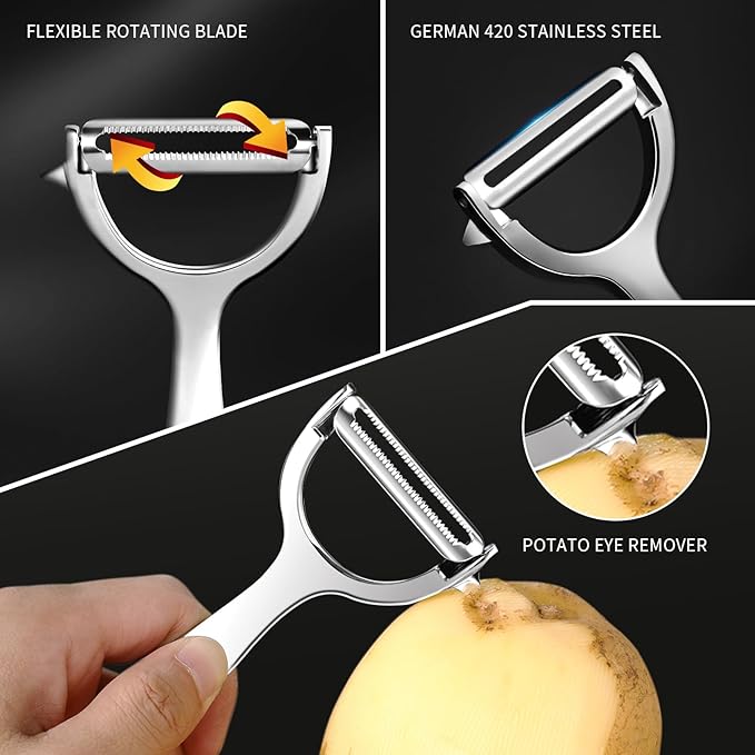 MAD SHARK Ultra Sharp Vegetable Peelers for Kitchen Fruit Apple Potato Peelers,Design with Ergonomic Non-Slip Handle, Y-Shaped Stainless Steel Serrated（Flat&Serrated Blade 2pc） - Image 4