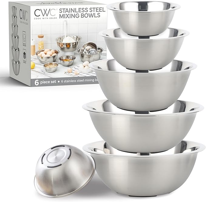 COOK WITH COLOR Stainless Steel Mixing Bowls Set - Nesting Bowls, 6 Pieces, Silver with Non Slip Bottom by CookwithColor
