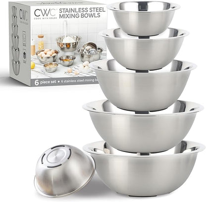 COOK WITH COLOR Stainless Steel Mixing Bowls Set - Nesting Bowls, 6 Pieces, Silver with Non Slip Bottom by CookwithColor