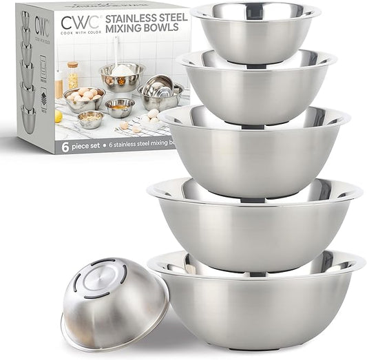 COOK WITH COLOR Stainless Steel Mixing Bowls Set - Nesting Bowls, 6 Pieces, Silver with Non Slip Bottom by CookwithColor