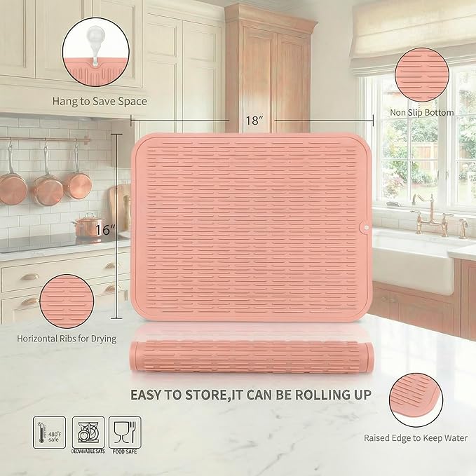 MicoYang Silicone Dish Drying Mat for Multiple Usage,Easy clean,Eco-friendly,Heat-resistant Silicone Mat for Kitchen Counter or Sink,Refrigerator or Drawer Liner Pink XL 18 inches x 16 inches - Image 2