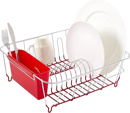 Sweet Home Collection Metal 2 Piece Dish Drying Rack Set Drainer with Utensil Holder Simple Easy to Use Fits in Most Sinks, 14.5" x 13" x 5.25", Red by SweetHomeCollection