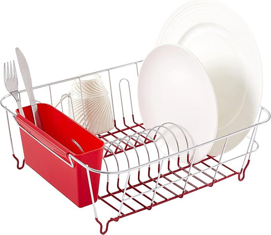 Sweet Home Collection Metal 2 Piece Dish Drying Rack Set Drainer with Utensil Holder Simple Easy to Use Fits in Most Sinks, 14.5" x 13" x 5.25", Red by SweetHomeCollection