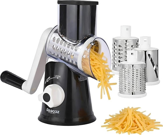 Rotary Cheese Grater Hand Crank - Cheese Shredder Hand Crank with Handle, Vegetable Shredder with 3 Stainless Steel Blades & Strong Suction Base – Round Slicer & Food Chopper for Kitchen by Reecaz