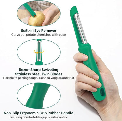 Beneno Swivel Vegetable Peeler, Razor-Sharp Smooth Peeling Potato Peelers with Stainless Steel Blades, Ergonomic Comfort Non-Slip Rubber Handle, Durable Kitchen Peelers with Potato Eye Remover, Green - Image 3