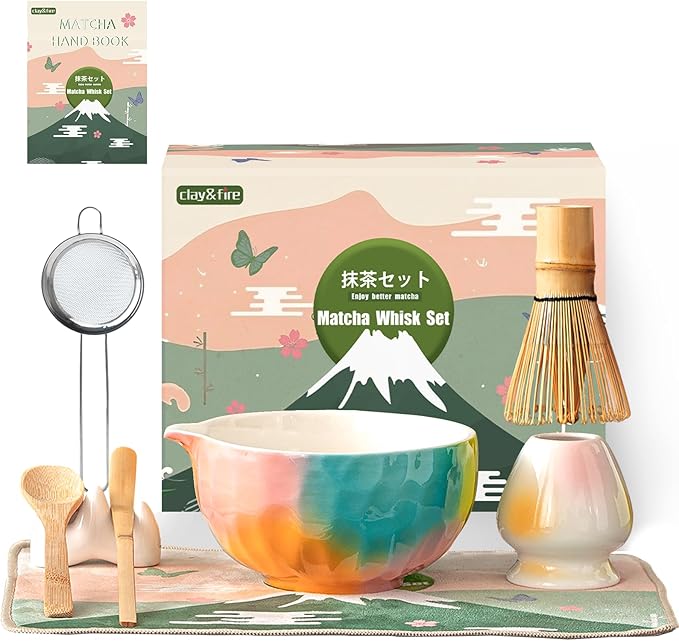 Clay&Fire Matcha Whisk Set，9 Pcs Ceramic Matcha Set, 15 OZ Matcha Bowl with Spout and Whisk，Matcha Kit for Friend, Ideal Gift for Matcha Lover（Sugar） by FocusonMatchaWhiskSet