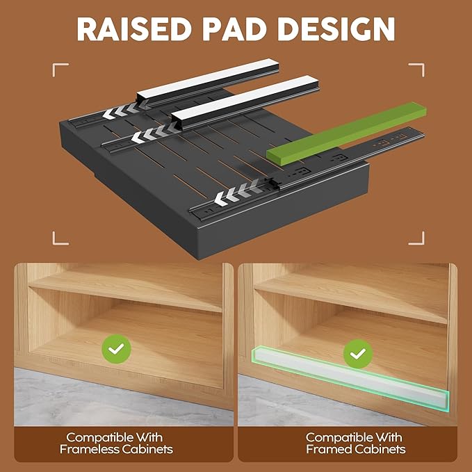Seinloes 2 Pack Expandable Pull Out Cabinet Organizer 21"Deep With Raising Pad for Framed Cabinets,Upgrade 3 Slide Rails Slide Out Drawers,Roll Out Shelves Adhesive,Adjustable Width 15.15"-26.3" Black - Image 3