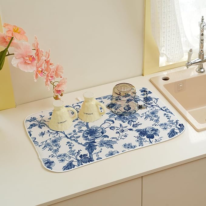 Vintage Blue Dish Drying Mat 18x24 Inch Chinoiserie Navy Blue Floral Drying Mat Flower Spring Summer Seasonal Absorbent Dish Drying Pad Dish Rack Drainer Mats for Kitchen Dining Counter