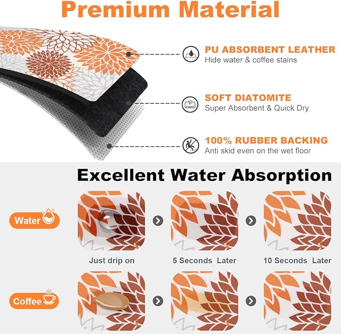 Findosom 2PCS 16" x 24" Fall Dish Drying Mat & 24" x 5.5" Sink Splash Guard, Super Absorbent & Cuttable Dish Mat Drying Kitchen Mat with Orange Floral, Hide Stain Drying Mat for Kitchen Counter - Image 3
