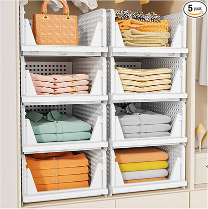 SNSLXH 5 Pack Stackable Closet Storage Basket, Multifunctional & Foldable Closet Organizer for Bathroom Kitchen Laundry Room Wardrobe Storage, Space-Saving Clothes Storage Drawer Organizer, White by SNSLXH