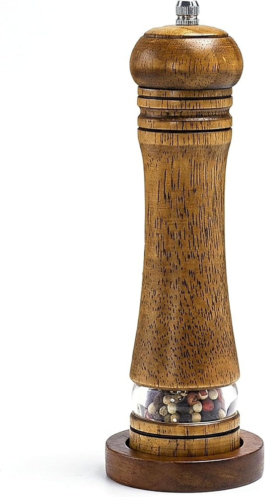 Wood Salt and Pepper Grinder, Salt Grinder and Pepper Mill, Oak Wood Shakers with Adjustable Ceramic Grinders (8″ - 1 Pack with Tray)