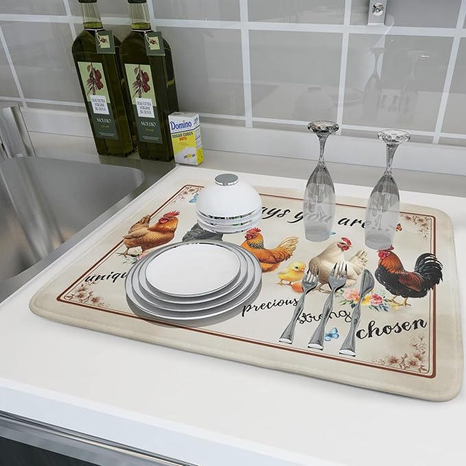 Farmhouse Rooster Dish Drying Mat - Vintage Chicken Absorbent Microfiber Dish Drying Pad for Kitchen Coffee Bar - Image 6