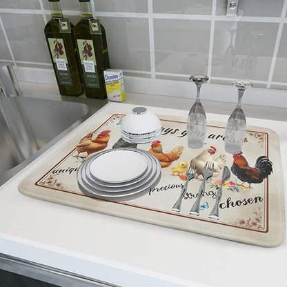 Farmhouse Rooster Dish Drying Mat - Vintage Chicken Absorbent Microfiber Dish Drying Pad for Kitchen Coffee Bar - Image 6