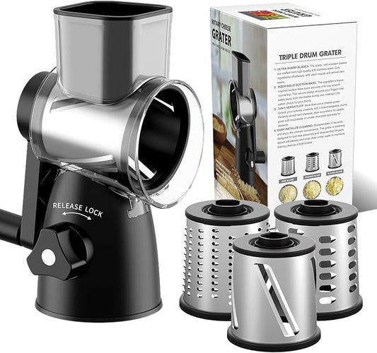 Rotary Cheese Grater 3-in-1 and Shredder with Hand Crank - for Cheese, Vegetables & Nuts, Non-Slip Suction Cup Base, Food Grade, Black