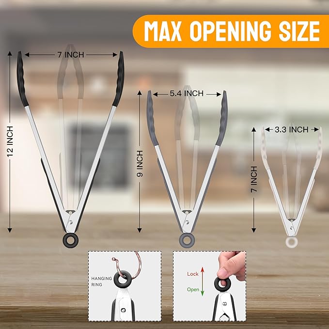 HOTEC Premium Stainless Steel Locking Kitchen Tongs with Silicon Tips, Set of 3-7", 9" and 12", Black, Grey, White - Image 8