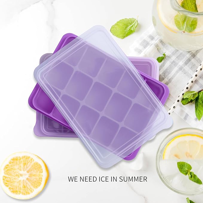 Tvmania Ice Cube Trays Set of 2, Easy Release 15 Flexible Silicone Ice Cube Molds with Removable Lid Reusable Freezer Ice Trays Stackable for Whiskey, Baby Food, BPA Free (purple) - Image 2