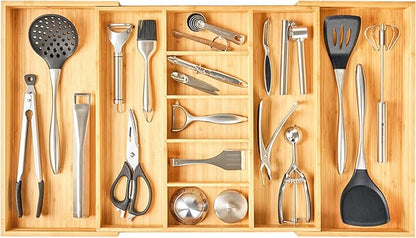 Umilife Extra Large Expandable Kitchen Drawer Organizer for Utensil and Junk, 19" Deep for Big Drawer, 19" to 33" Adjustable Bamboo Wood Drawer Divider, Cutlery Tray, Flatware Holder by Umilife