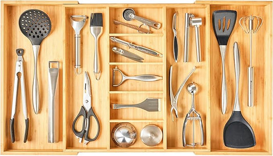 Umilife Extra Large Expandable Kitchen Drawer Organizer for Utensil and Junk, 19" Deep for Big Drawer, 19" to 33" Adjustable Bamboo Wood Drawer Divider, Cutlery Tray, Flatware Holder by Umilife