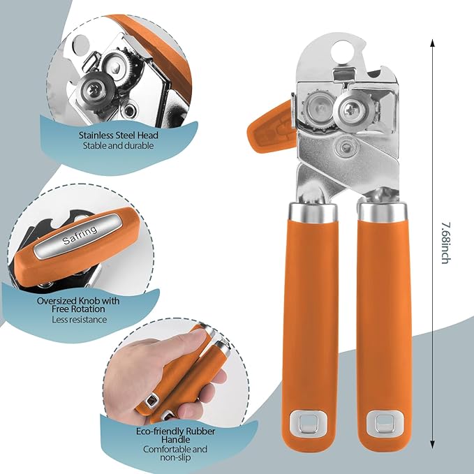 Safring Can Opener Manual, Heavy Duty Handheld Strong Can Opener with Soft Touch Handle, Sharp Blade Smooth Edge, Can Openers with Multifunctional Bottle Opener, Orange - Image 2
