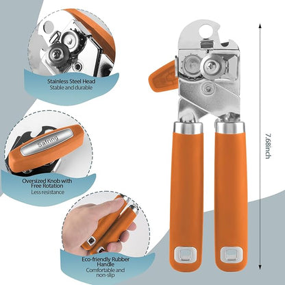 Safring Can Opener Manual, Heavy Duty Handheld Strong Can Opener with Soft Touch Handle, Sharp Blade Smooth Edge, Can Openers with Multifunctional Bottle Opener, Orange - Image 2