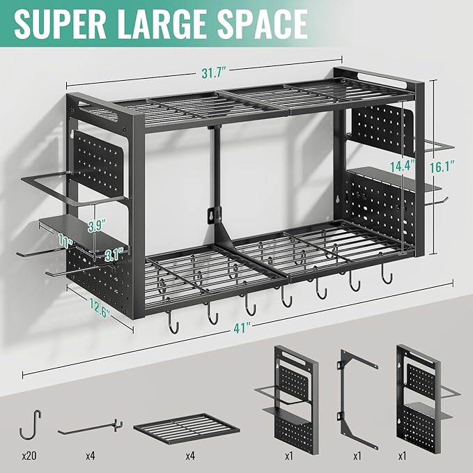 31 Inch Pot Rack Wall Mounted, 2-Tier Pots and Pans Organizer with 20 Hooks & Pan Organizer and Spice Rack, Heavy Duty Hanging Pot Hanger for Kitchen Cookware, Utensils, Black - Image 2