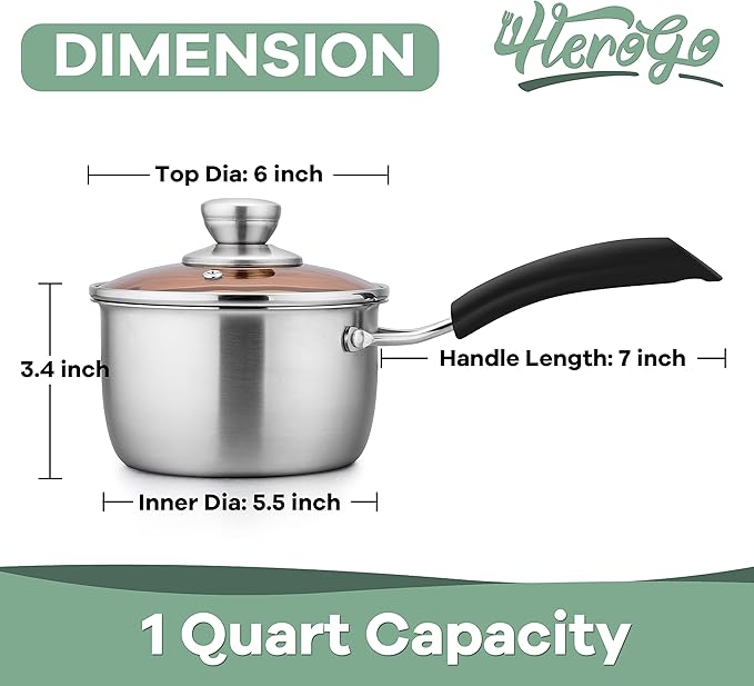 Herogo 1 Quart Saucepan with Lid, 18/10 Stainless Steel Small Sauce Pan Pot, 1Qt Saucepan for Gas Electric Stove Top Camping, Healthy & Rust Free - Image 2