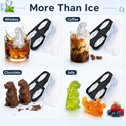 Dinosaur Ice Cube Tray Mold - 3D Dino Shape Ice Cube Trays, Cute Monster Ice Cube Molds for Whiskey Bourbon, 4-Hole Large Fun Shapes Ice Cube Trays with Lid, Funny Dinosaur Gifts for Lovers Women Men