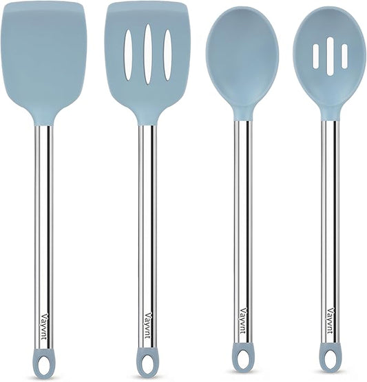Vayvnt 4PCS Kitchen Utensils Set, Heat Resistant Silicone Utensils Set for Cooking, Non Scratch Spatula Spoons for Non Stick Pan, Large Kitchen Cooking Tools, Metal Long Handle&Dishwasher Safe, Blue