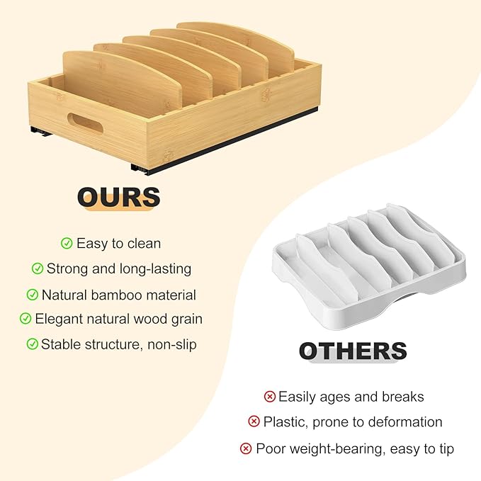Housolution Pull Out Food Container Lid Organizer with Sliding Rail, Slide Out Plastic Lid Holder Compatible with Tupperware, Bamboo Storage Box with 5 Adjustable Dividers for Kitchen Cabinet, 2 Pack - Image 7