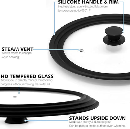 Anaeat Silicone Universal Lid for Pots, Pans and Skillets - Tempered Glass Covered with Heat Resistant Silicone Rim Fits All 7" to 12" Diameter Cookware -Easy to Use Replacement Frying Pan Cover