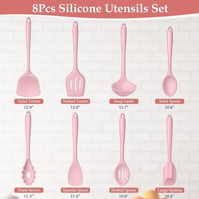 LIANYU Kitchen Silicone Utensils Set, 8Pcs Cooking Utensils Spatula Set for Nonstick Cookware, Heat Resistant Kitchen Gadgets Include Silicone Spoon, Turner, Spatula, Ladle, Dishwasher Safe, Pink - Image 2