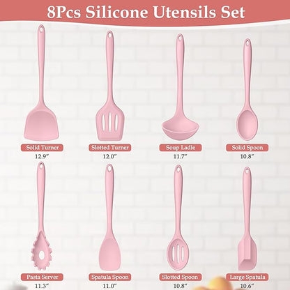 LIANYU Kitchen Silicone Utensils Set, 8Pcs Cooking Utensils Spatula Set for Nonstick Cookware, Heat Resistant Kitchen Gadgets Include Silicone Spoon, Turner, Spatula, Ladle, Dishwasher Safe, Pink - Image 2