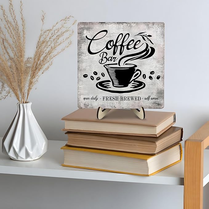 Vintage Coffee Bar Sign Plaque for Coffee Station,Funny Jave Desk Decor for Home or Office,Cafe Shop (Gray, 5.9x5.9inches) - Image 4