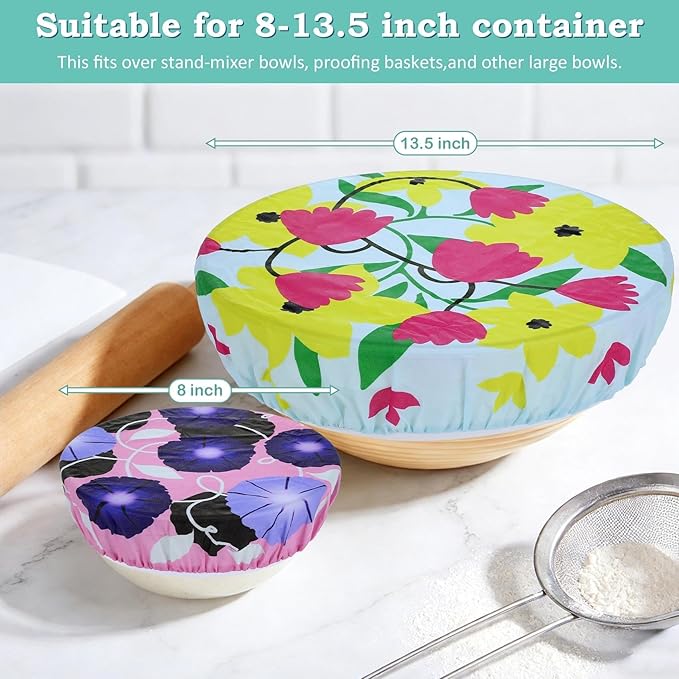 2 Large Reusable Beeswax Bowl Covers for Bread Proofing, 10/12 Inch Elastic Beeswax Wraps Cotton Cloth Sourdough Bowl Covers for Proofing Baskets, Mixer Bowls, Food Storage Containers