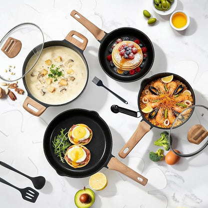 25 Pcs Pots and Pans Set, Nonstick & Non-Toxic Healthy Pots and Pans, Heat-Resistant Handles, Induction Cookware Sets with Frying Pans, Black