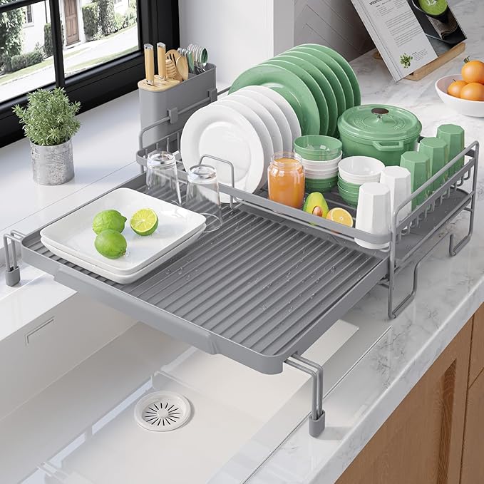 Kitsure Extendable Dish Drying Rack - Adjustable Length 12.8"–21.0", Auto-Draining Dish Rack for Kitchen Counter, Rust-Resistant Metal Frame Over-Sink Support for Plates, Bowls & Utensils, Grey by Kitsure