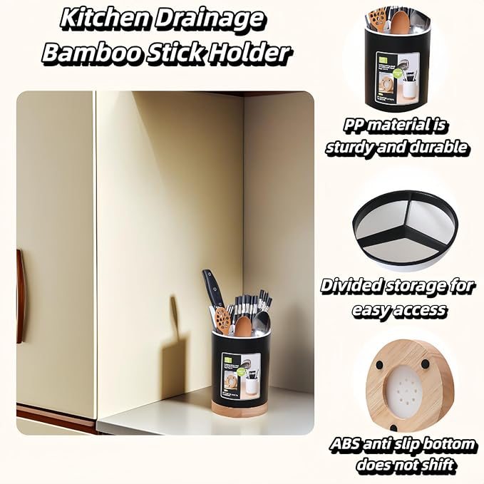 BUBBLE-FLY Modern Kitchen Utensil Holder with Drainage, Black and Wood Base, 3 Compartment Divided Organizer for Spoons Forks Knives, Countertop Caddy for Cooking Tools and Cutlery Storage- Non-Slip - Image 2