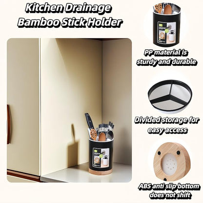 BUBBLE-FLY Modern Kitchen Utensil Holder with Drainage, Black and Wood Base, 3 Compartment Divided Organizer for Spoons Forks Knives, Countertop Caddy for Cooking Tools and Cutlery Storage- Non-Slip - Image 2