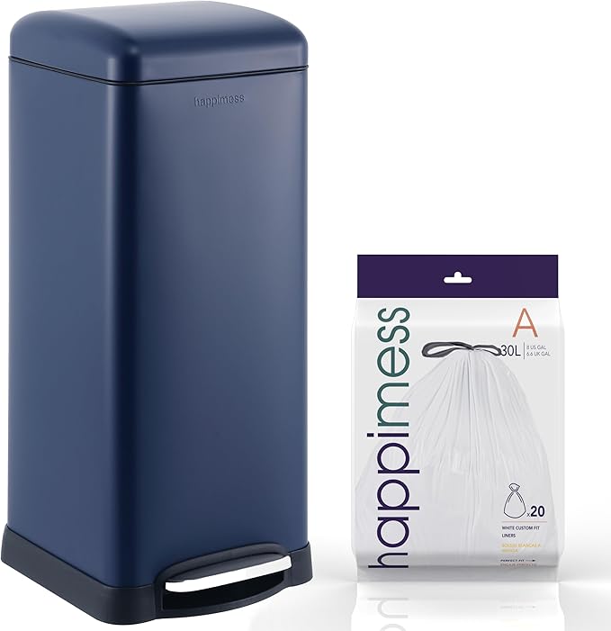 happimess HPM1007H Betty Retro 8-Gallon Step-Open Trash Can, Fingerprint Resistant, Modern, Minimalistic for Home, Kitchen, Laundry Room, Office, Bedroom, Bathroom, Denim Blue by Happimess