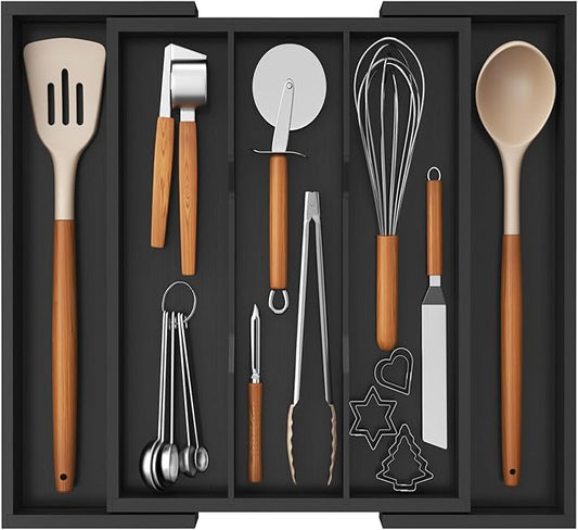 Lifewit Utensil Organizer for Kitchen Drawer, Expandable Cooking Utensil Tray, Cutlery Silverware Flatware Holder, Wood Adjustable Spatula Tools Storage Divider, 13-22x15/ 33-56x38cm, Black