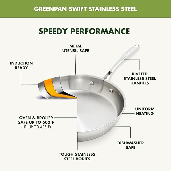 GreenPan Stainless Steel Cookware Set, 11 Piece, Induction Cookware, Dishwasher Safe, Oven Safe to 600F, Large 8QT Stock Pot, Sauce, Saute, Frying Pans, Pots & Pans Kitchen Essentials, Silver - Image 6