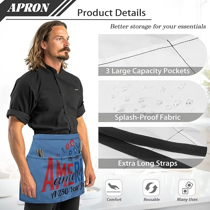 Server Apron with 3 Pockets, Waterproof Oil Waitress Waiter Half Apron for Restaurant Hotel Kitchen Cafe