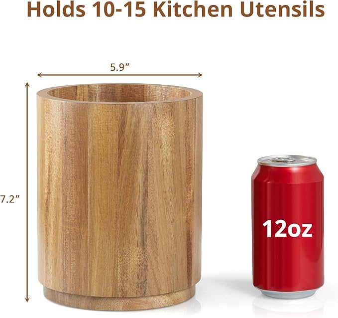 Bivvclaz Acacia Wood Utensil Holder, 360°Rotating 7.2" Utensil Holder for Kitchen Counter, Large Kitchen Utensil Holder, Cooking Utensil Crock for Countertop, Farmhouse Kitchen Decor and Accessories - Image 2