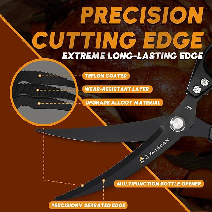 HUUSK Kitchen Scissors Set Black - Stainless Steel Kitchen Shears, Sharp Meat Scissors Dishwasher Safe, Heavy Duty Poultry Shears All Purpose, Japanese Cooking Scissor for Food,Christmas Gifts for Men - Image 3