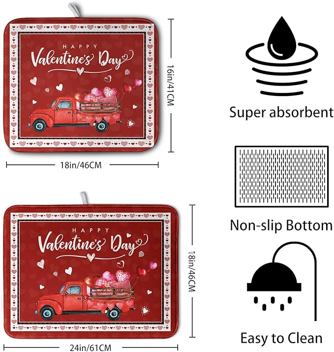 Happy Valentine's Day Dish Drying Mat for Kitchen Red Love Heart Truck Plaid Drying Mats Super Absorbent Dishes Drainer Pad Reversible Microfiber Dish Drying Rack Mat for Kitchen Counter 18x24 Inch - Image 2